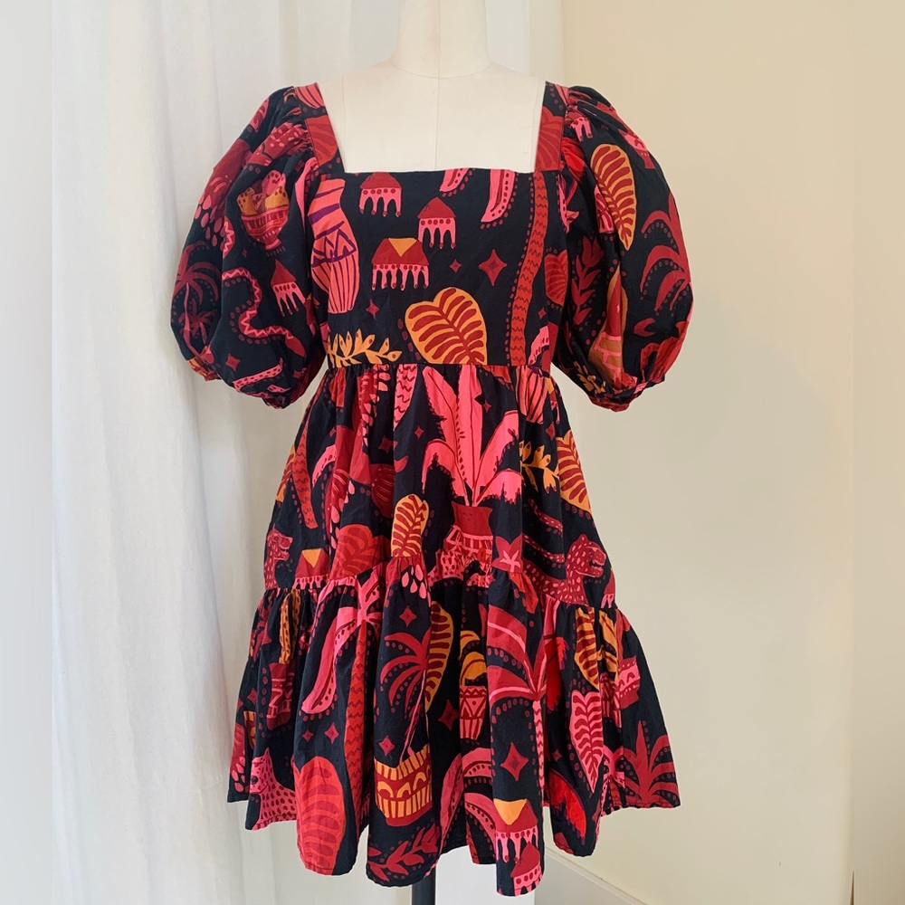 NWOT Farm Rio tropical print black dress